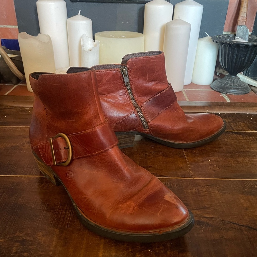 Born Red Brown Leather Ankle Boots with Buckle